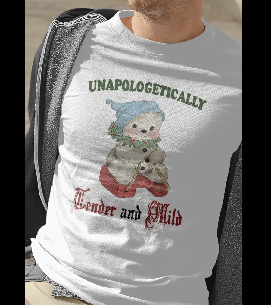 Unapologetically Tender And Mild Snowman With Blue Hat And Holly Garland T-Shirt