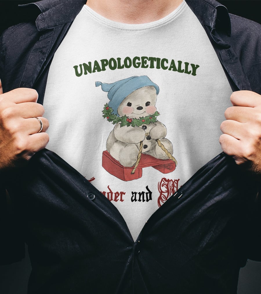 Unapologetically Tender And Mild Snowman With Blue Hat And Holly Garland T-Shirt