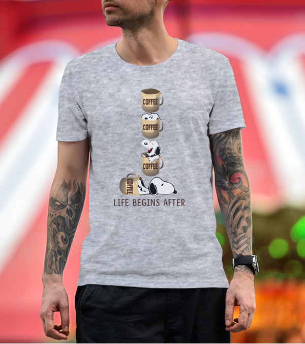 Premium T-Shirt: Life Begins After Coffee Snoopy Peanuts Mugs T-Shirt Life Begins After Coffee Snoopy Peanuts Mugs T-Shirt