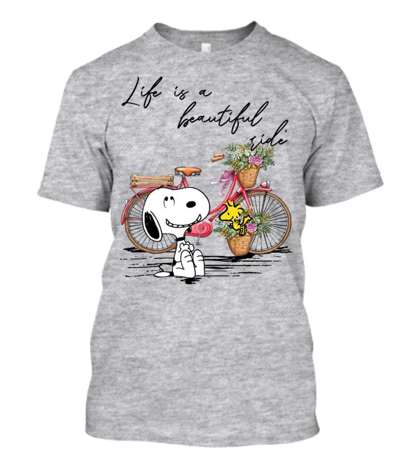Life Is A Beautiful Ride With Snoopy And Woodstock On Floral Bicycle T-Shirt