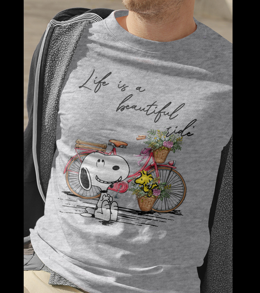 Life Is A Beautiful Ride With Snoopy And Woodstock On Floral Bicycle T-Shirt