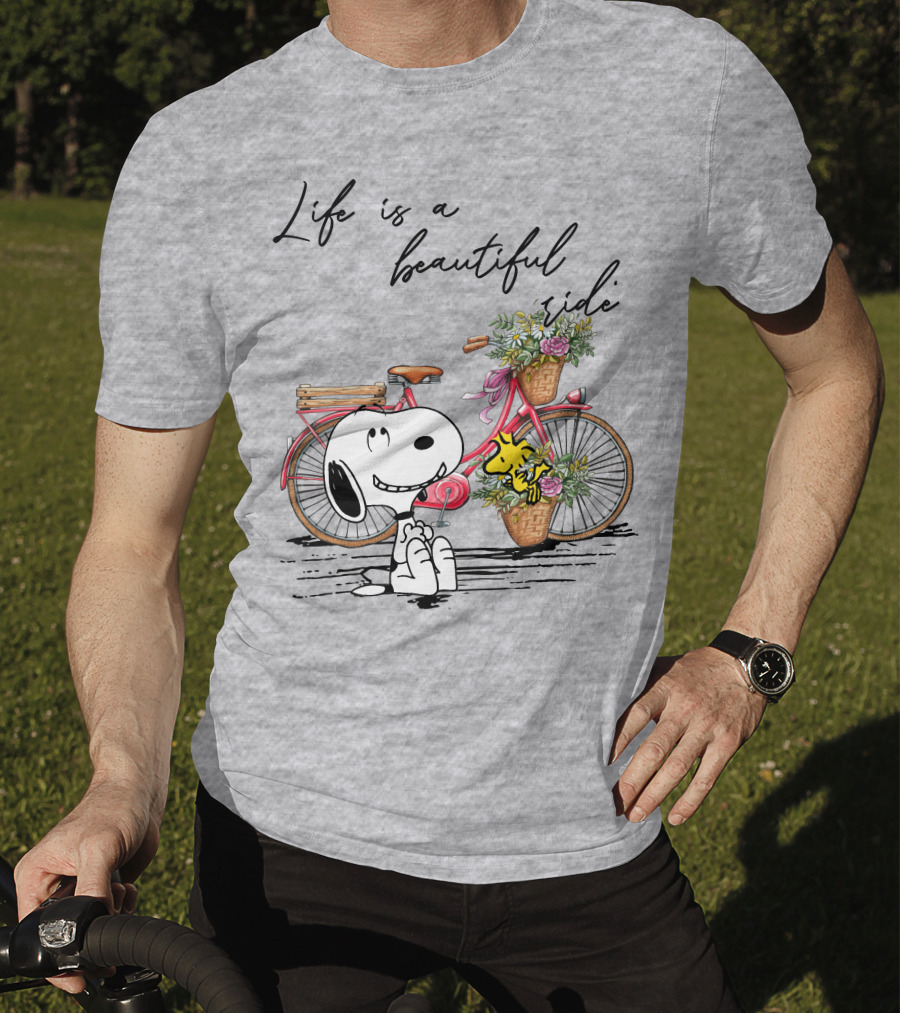 Life Is A Beautiful Ride With Snoopy And Woodstock On Floral Bicycle T-Shirt