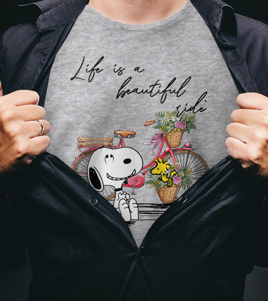 Life Is A Beautiful Ride With Snoopy And Woodstock On Floral Bicycle T-Shirt