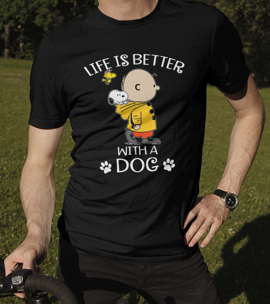Life Is Better With A Dog Snoopy Charlie Brown Woodstock Paw Prints T-Shirt