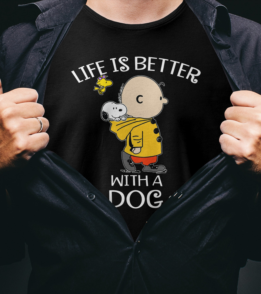 Life Is Better With A Dog Snoopy Charlie Brown Woodstock Paw Prints T-Shirt