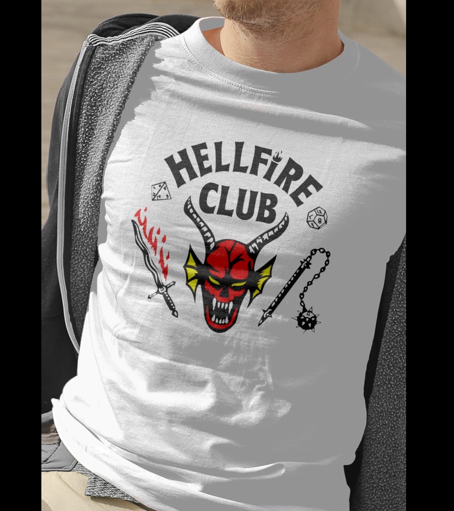 Mike Wheeler Hellfire Club Demon Sword Dice Dungeons Dragons Chains T-Shirt