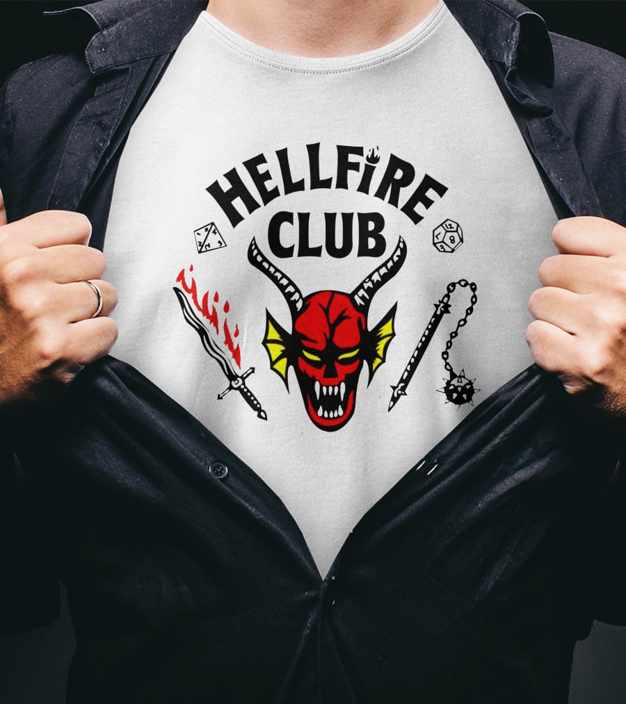 Mike Wheeler Hellfire Club Demon Sword Dice Dungeons Dragons Chains T-Shirt
