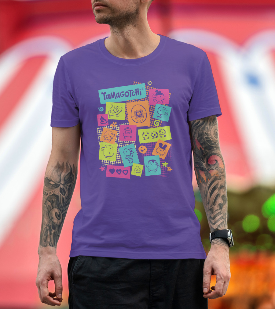 Tamagotchi Neon Character Collage With Hearts And Stars T-Shirt