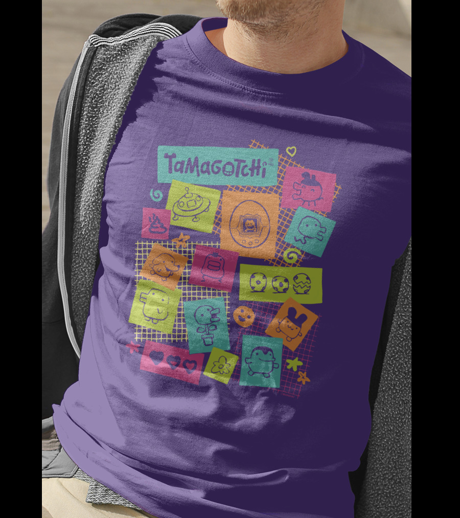 Tamagotchi Neon Character Collage With Hearts And Stars T-Shirt