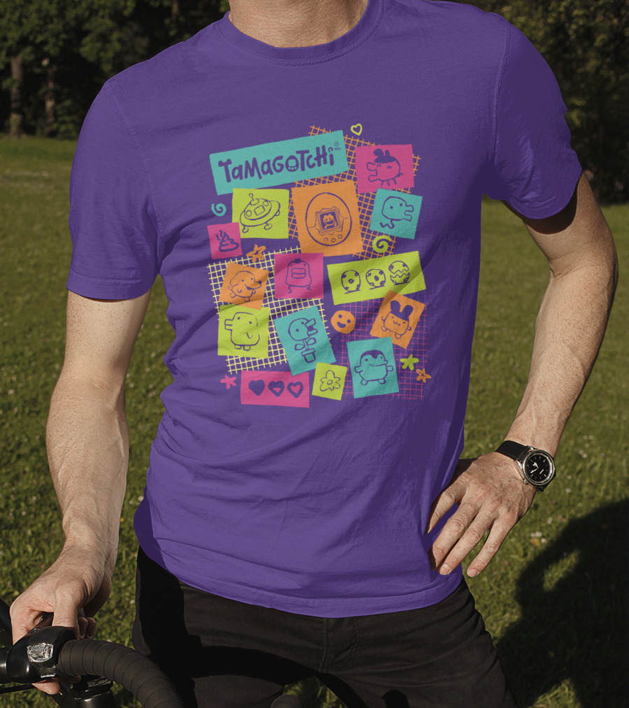 Tamagotchi Neon Character Collage With Hearts And Stars T-Shirt