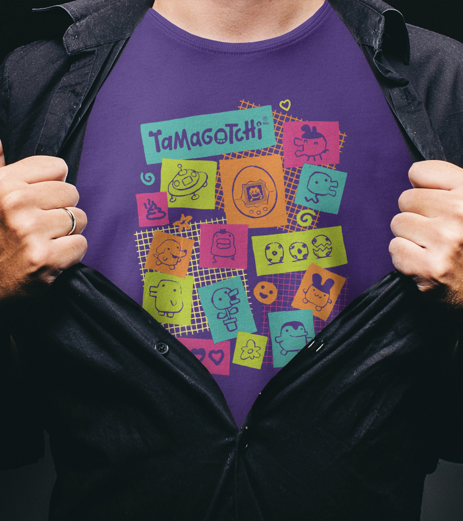 Tamagotchi Neon Character Collage With Hearts And Stars T-Shirt