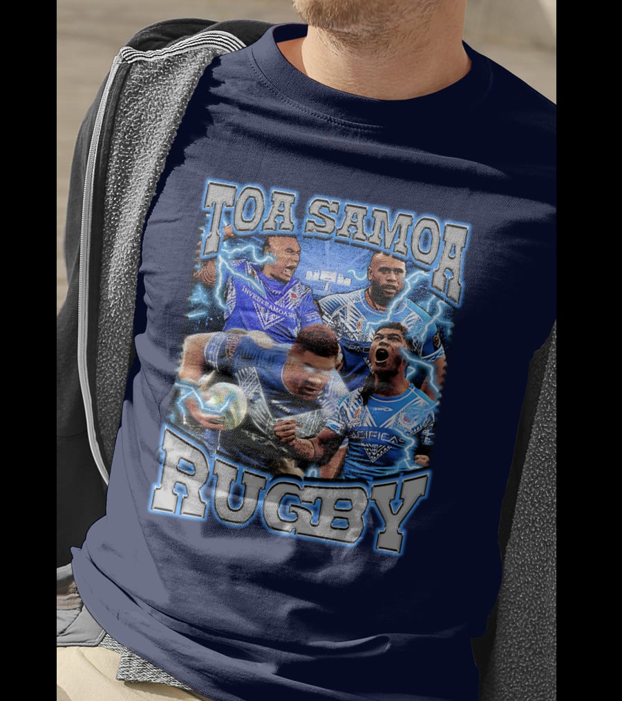 Toa Samoa Rugby Blue Jersey Action Lightning Background T-Shirt