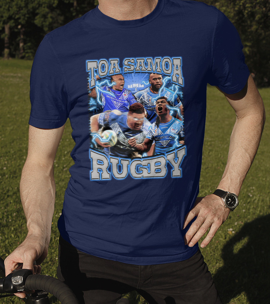 Toa Samoa Rugby Blue Jersey Action Lightning Background T-Shirt