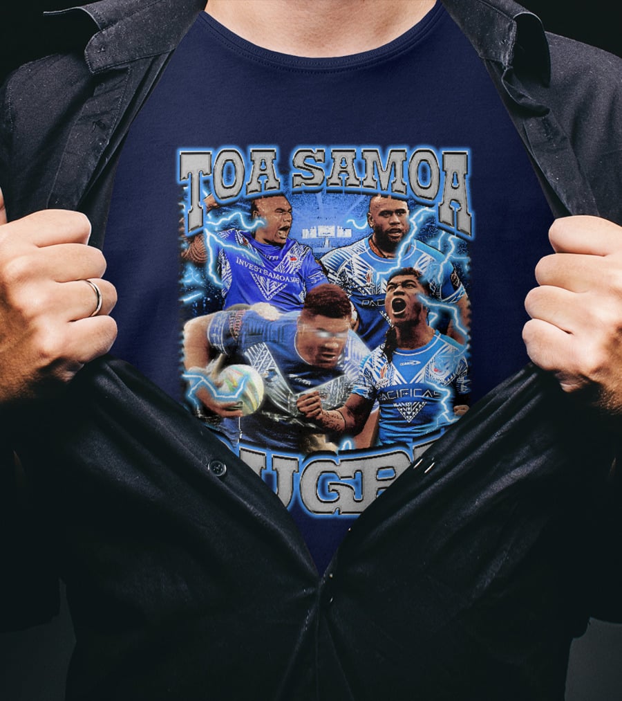 Toa Samoa Rugby Blue Jersey Action Lightning Background T-Shirt