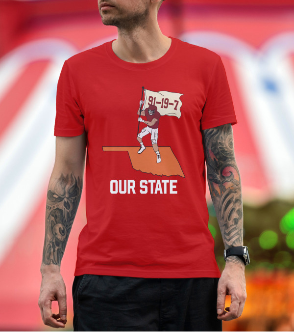 Premium T-Shirt: Our State 91-19-7 Football Player Flag Oklahoma T-Shirt Our State 91-19-7 Football Player Flag Oklahoma T-Shirt