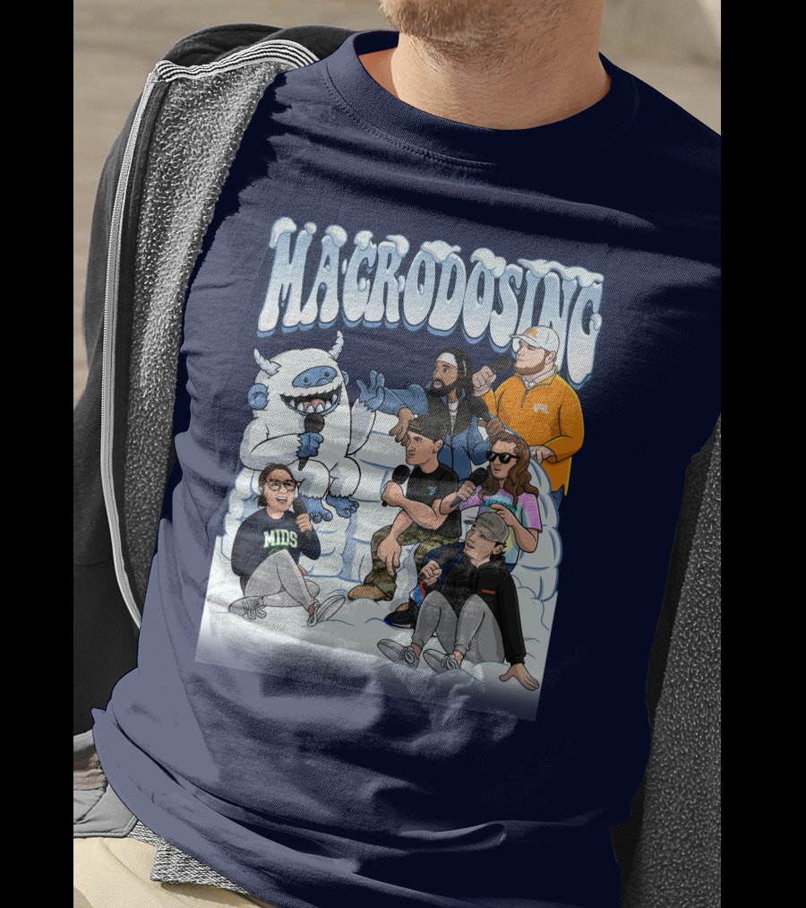 Macrodosing Yeti Podcast Group In Ice Fortress Scene With Microphones And Laughter T-Shirt