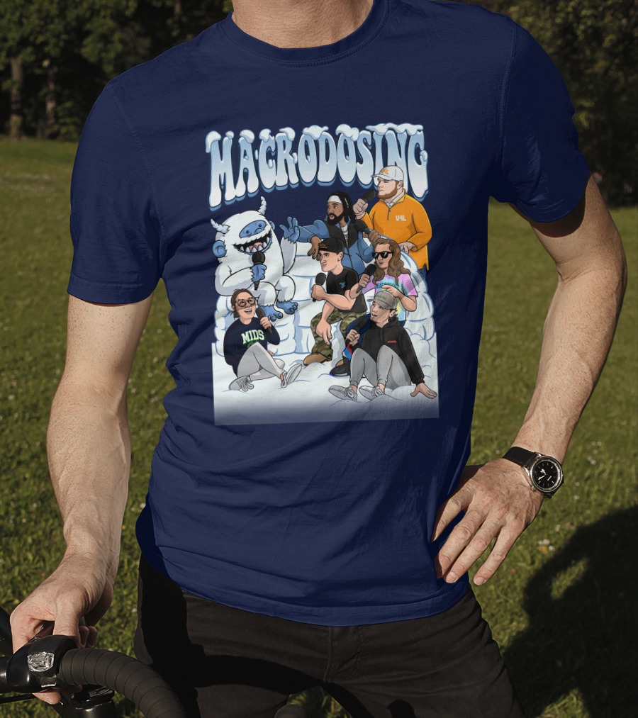 Macrodosing Yeti Podcast Group In Ice Fortress Scene With Microphones And Laughter T-Shirt