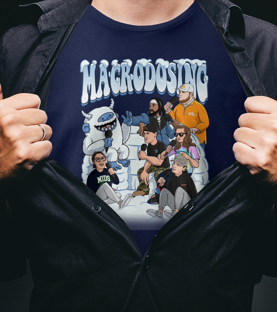 Macrodosing Yeti Podcast Group In Ice Fortress Scene With Microphones And Laughter T-Shirt