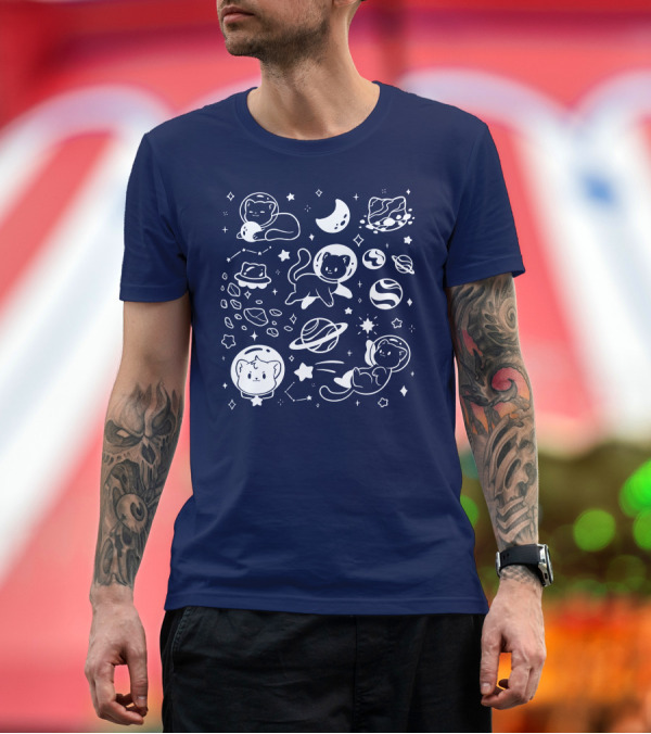 Premium T-Shirt: Helloapparel Cosmic Cat Astronaut Adventure with Stars and Planets T-Shirt Helloapparel Cosmic Cat Astronaut Adventure with Stars and Planets T-Shirt