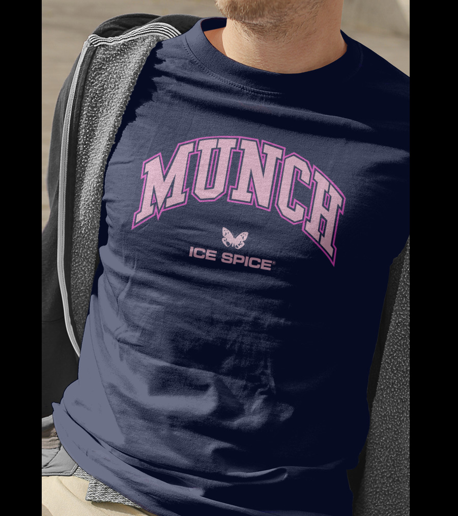 Munch Butterfly Ice Spice Pink Lettering Dark Blue Background T-Shirt