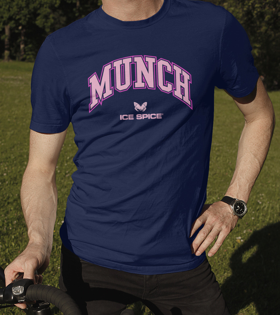Munch Butterfly Ice Spice Pink Lettering Dark Blue Background T-Shirt