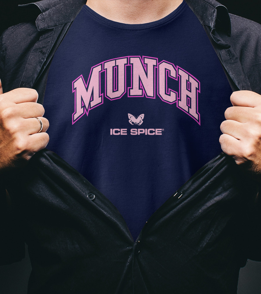 Munch Butterfly Ice Spice Pink Lettering Dark Blue Background T-Shirt