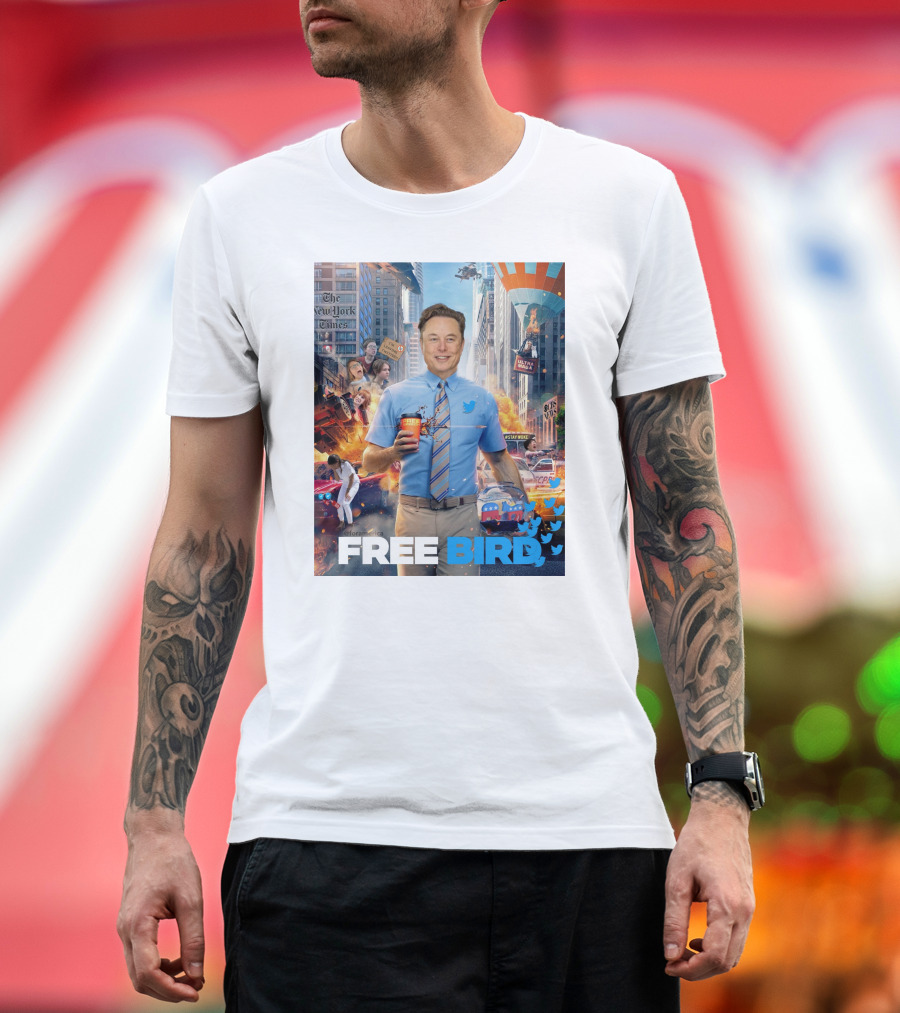 Elon Musk Free Bird I'm Leaving Twitter Chaos Explosion Cityscape Car Plane Twitter T-Shirt