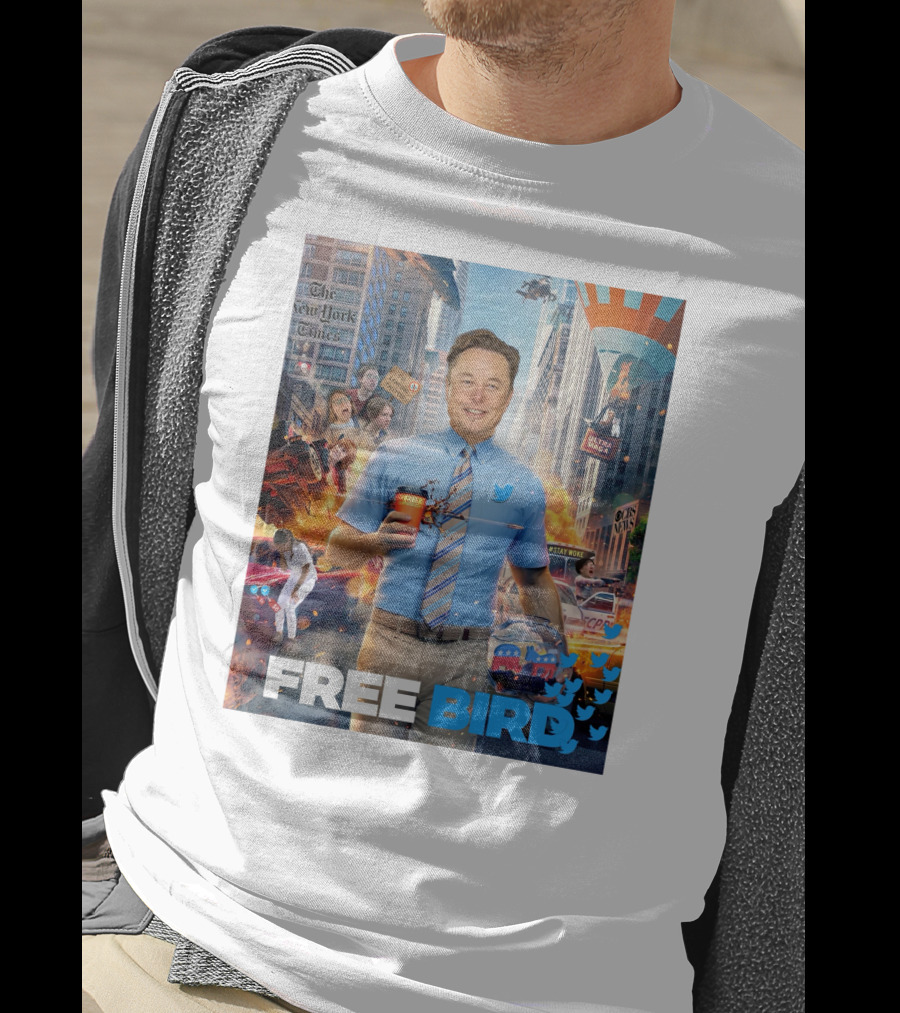 Elon Musk Free Bird I'm Leaving Twitter Chaos Explosion Cityscape Car Plane Twitter T-Shirt
