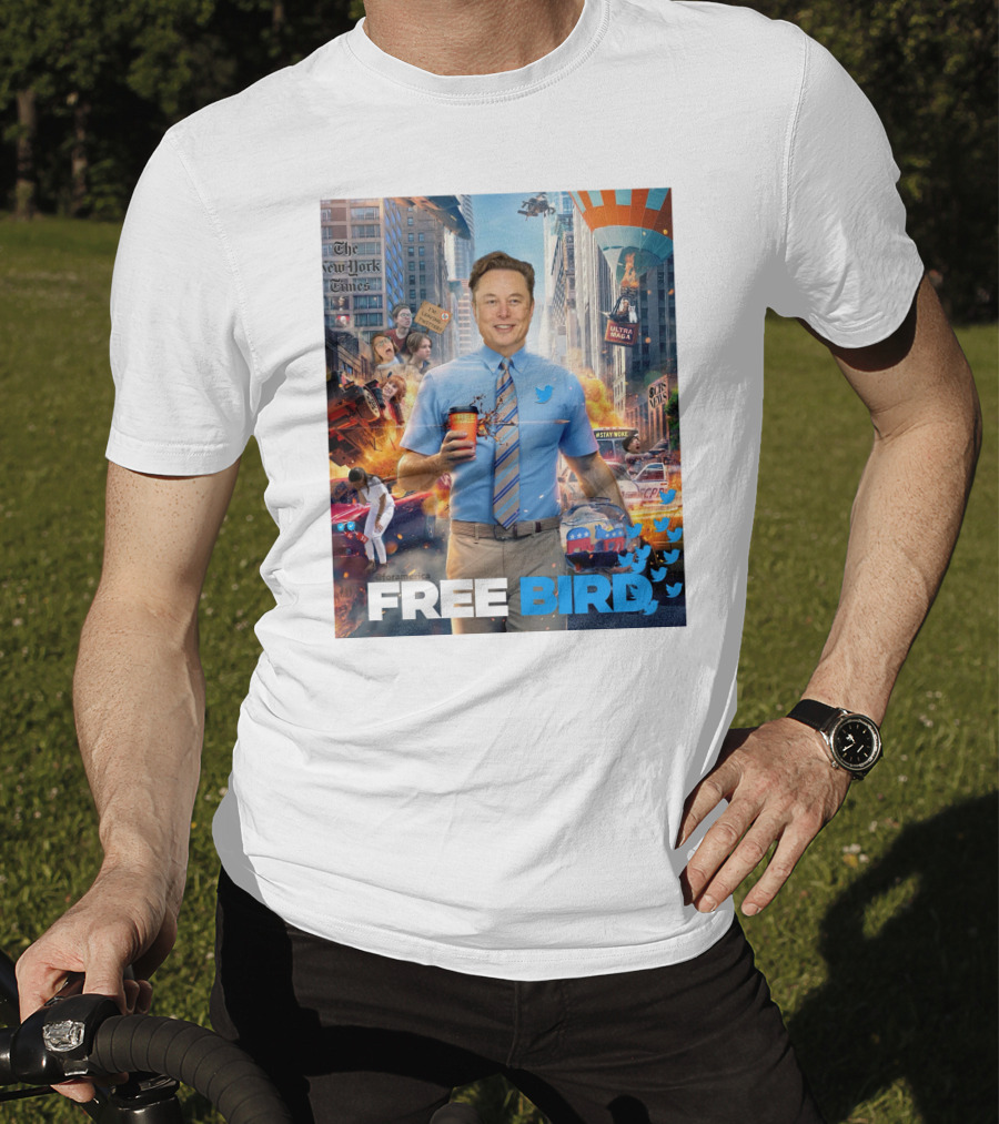 Elon Musk Free Bird I'm Leaving Twitter Chaos Explosion Cityscape Car Plane Twitter T-Shirt