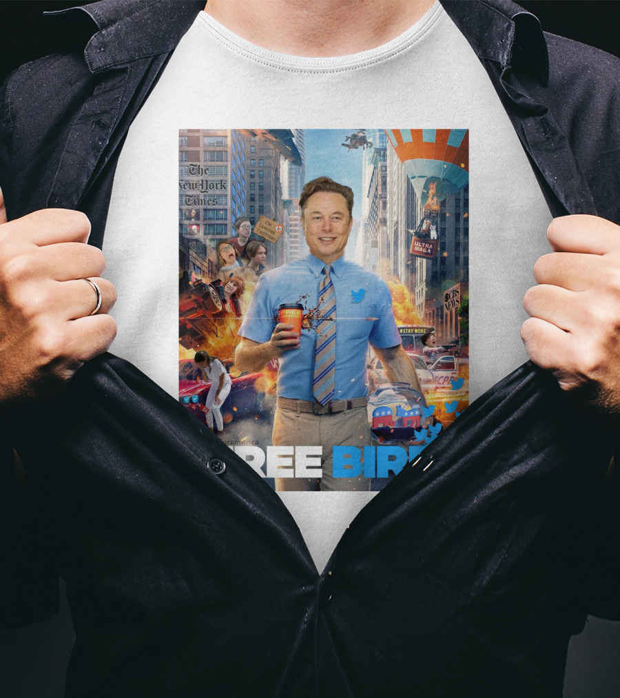 Elon Musk Free Bird I'm Leaving Twitter Chaos Explosion Cityscape Car Plane Twitter T-Shirt