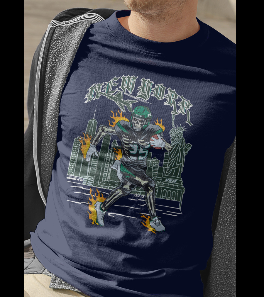 New York Ty Johnson Football Skyline Skeleton Art Flames Statue Of Liberty T-Shirt