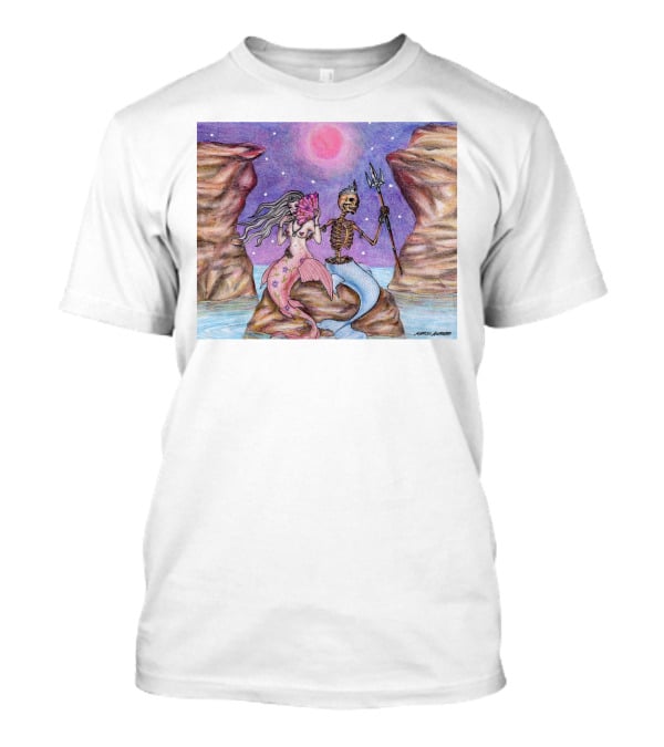 Marcos Alvarado Sea Of Love Mermaid And Skeleton Under Pink Moon T-Shirt