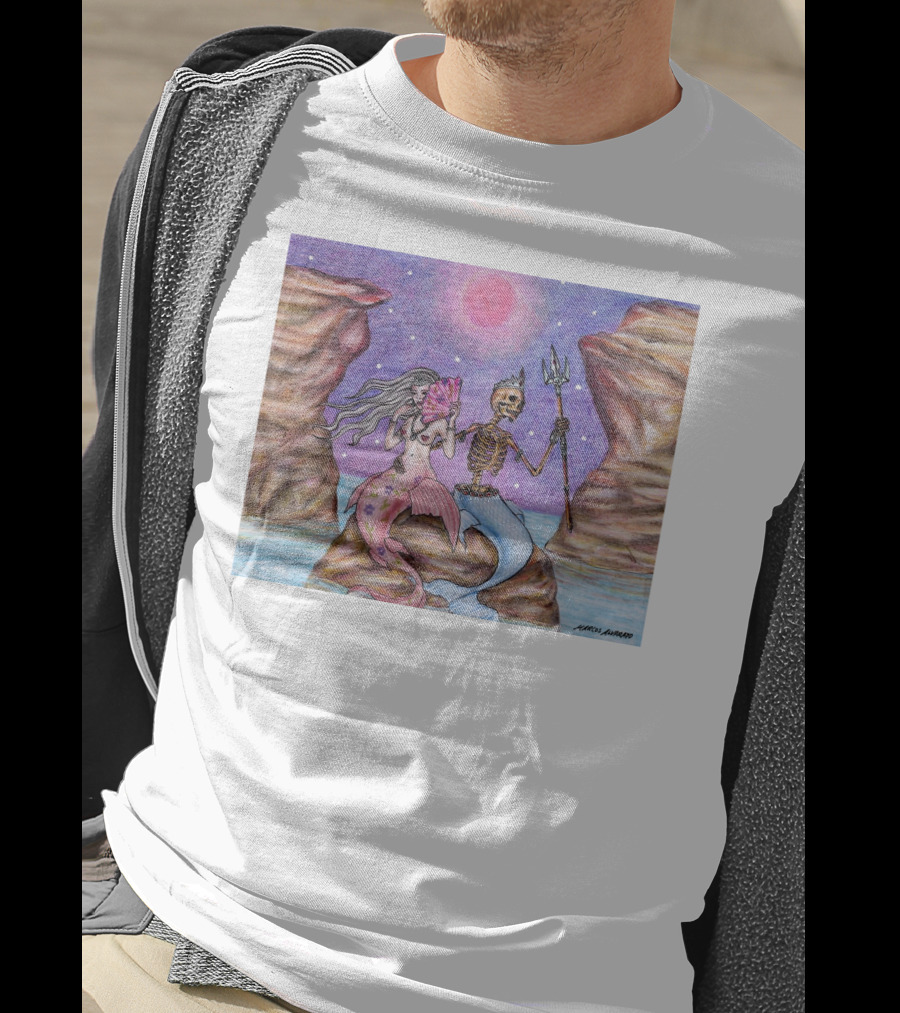 Marcos Alvarado Sea Of Love Mermaid And Skeleton Under Pink Moon T-Shirt