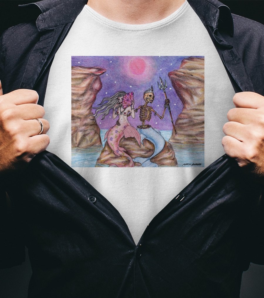 Marcos Alvarado Sea Of Love Mermaid And Skeleton Under Pink Moon T-Shirt