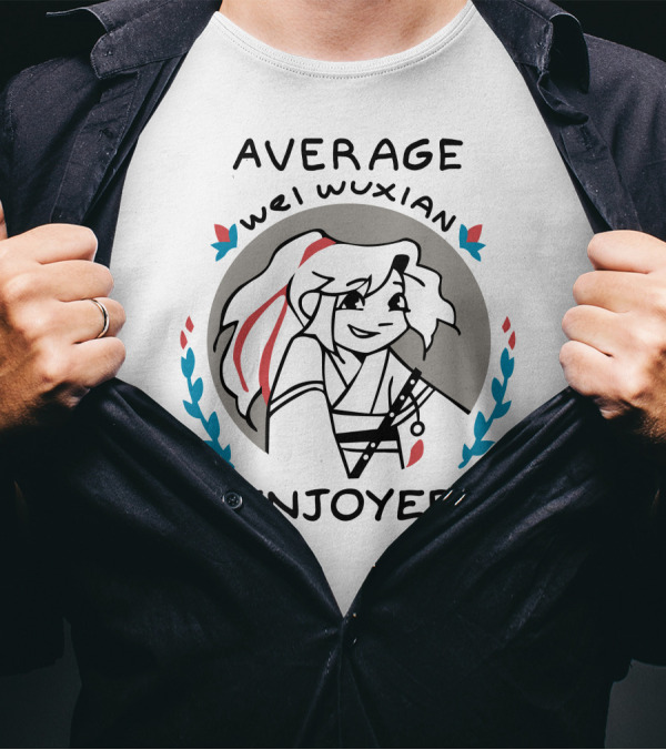 Average Wei Wuxian Enjoyer Emblem With Cartoon Character And Floral Accents T-Shirt