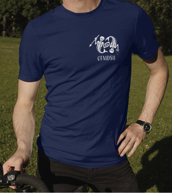 Samba Schutte Wearing OFMDSII Skeleton Arrow Design Navy T-Shirt