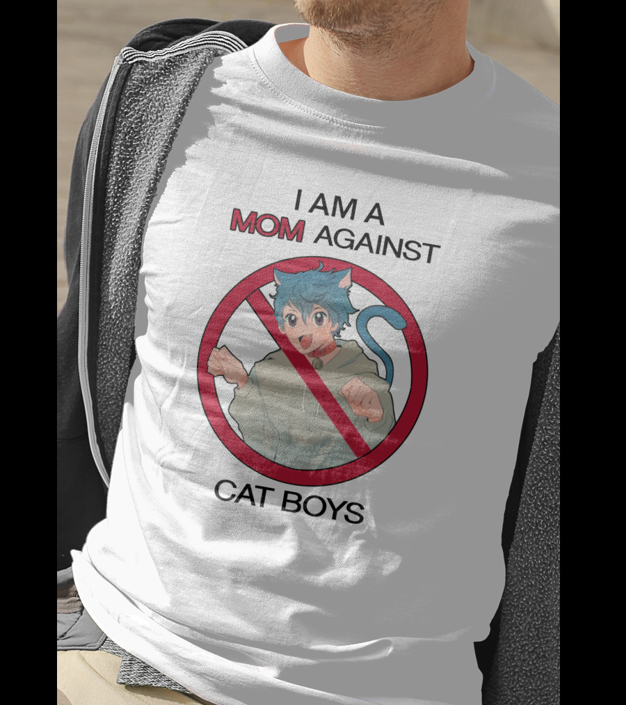 I Am A Mom Against Cat Boys Prohibition Symbol Cartoon Character With Blue Hair And Cat Ears T-Shirt