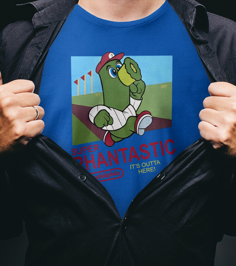 Southfellini Merch Super Phantastic Philadelphia It's Outta Here Baseball Character T-Shirt