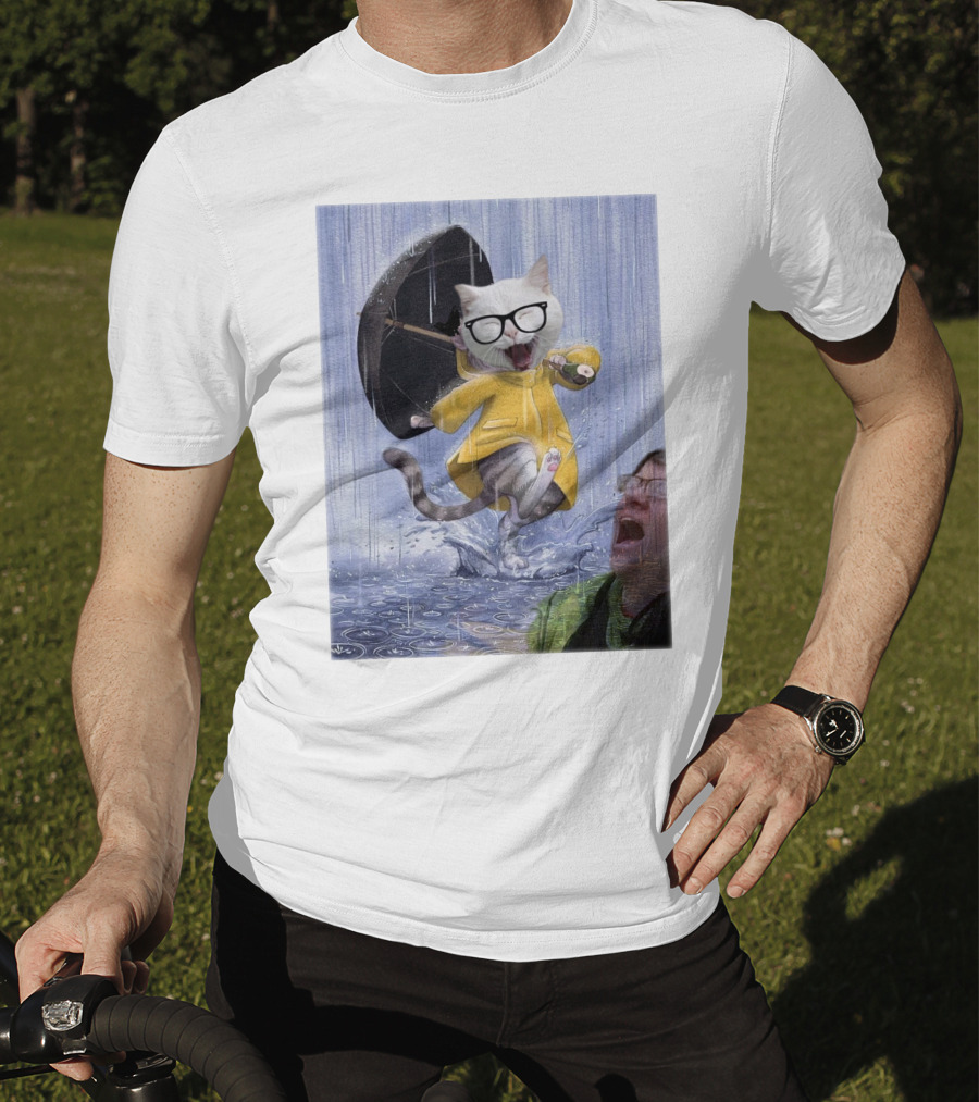Catturd In Yellow Raincoat With Glasses Holding Umbrella In The Rain T-Shirt