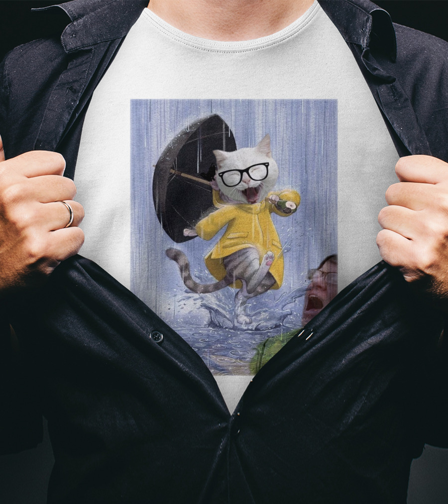 Catturd In Yellow Raincoat With Glasses Holding Umbrella In The Rain T-Shirt
