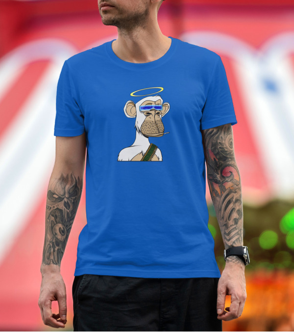 Premium T-Shirt: Ginotheghost Bored Ape Yacht Club Angel Halo NFT Ape Blue Background T-Shirt Ginotheghost Bored Ape Yacht Club Angel Halo NFT Ape Blue Background T-Shirt