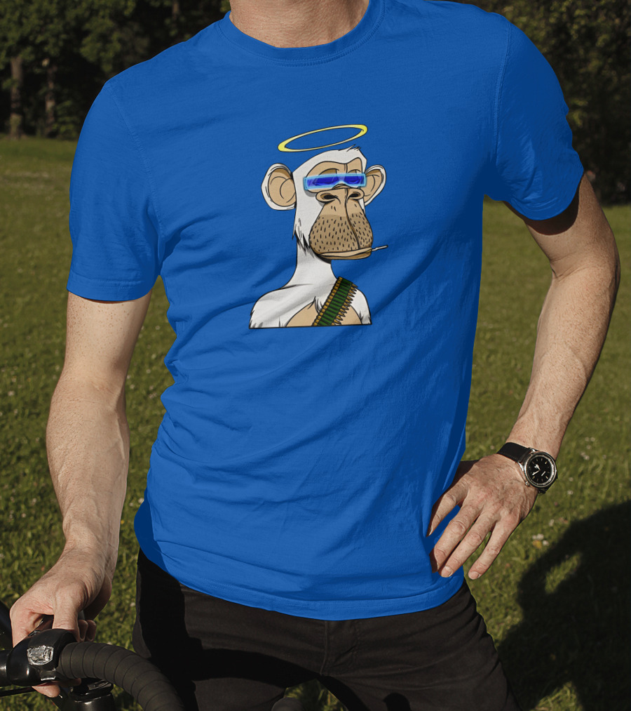 Ginotheghost Bored Ape Yacht Club Angel Halo NFT Ape Blue Background T-Shirt