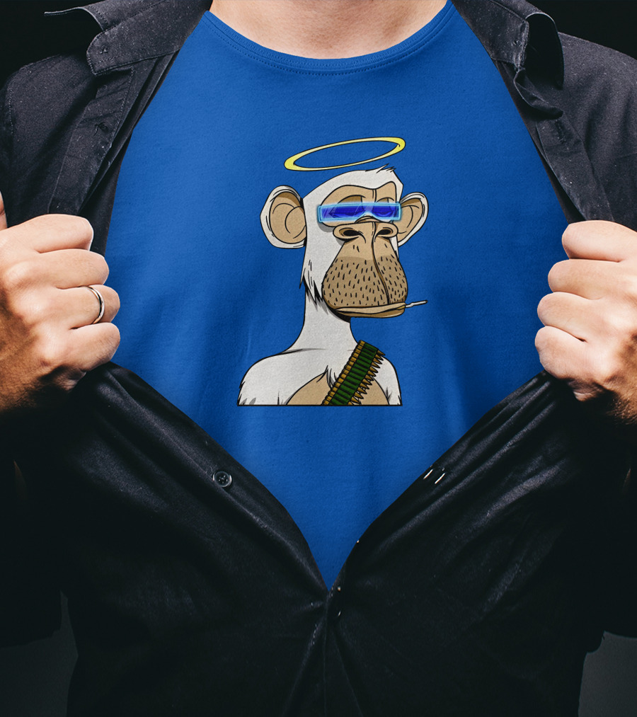Ginotheghost Bored Ape Yacht Club Angel Halo NFT Ape Blue Background T-Shirt