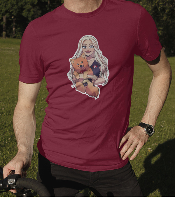 Autumnrhodess Cartoon Character Holding Dog With Red Bowtie On Burgundy Background T-Shirt