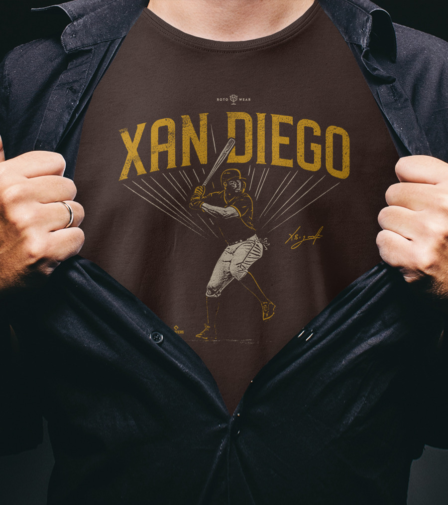 Roto Wear Xan Diego Baseball Player Swinging With Signature T-Shirt