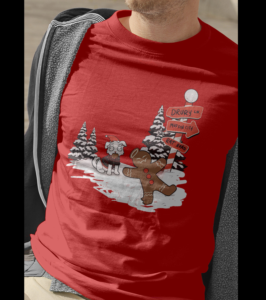 Badboyhalo Holiday Drury Lane Muffin City Rat Road Christmas Dog And Gingerbread Scene T-Shirt