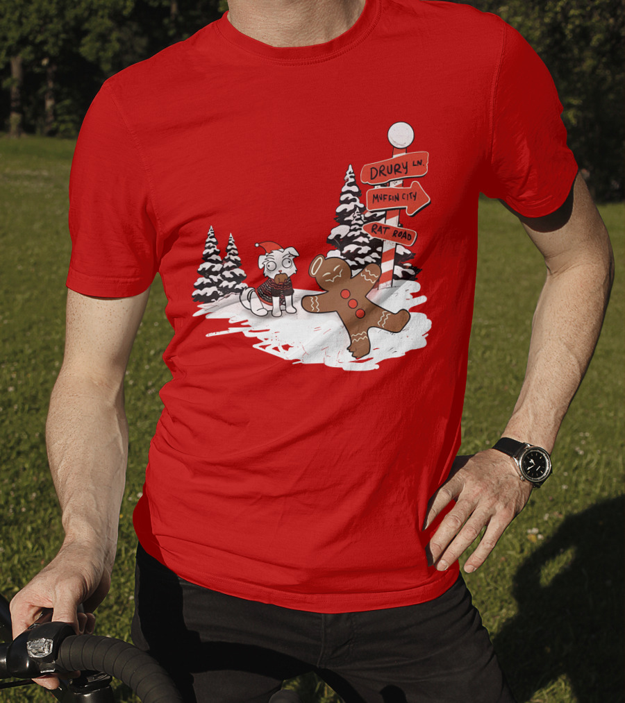 Badboyhalo Holiday Drury Lane Muffin City Rat Road Christmas Dog And Gingerbread Scene T-Shirt