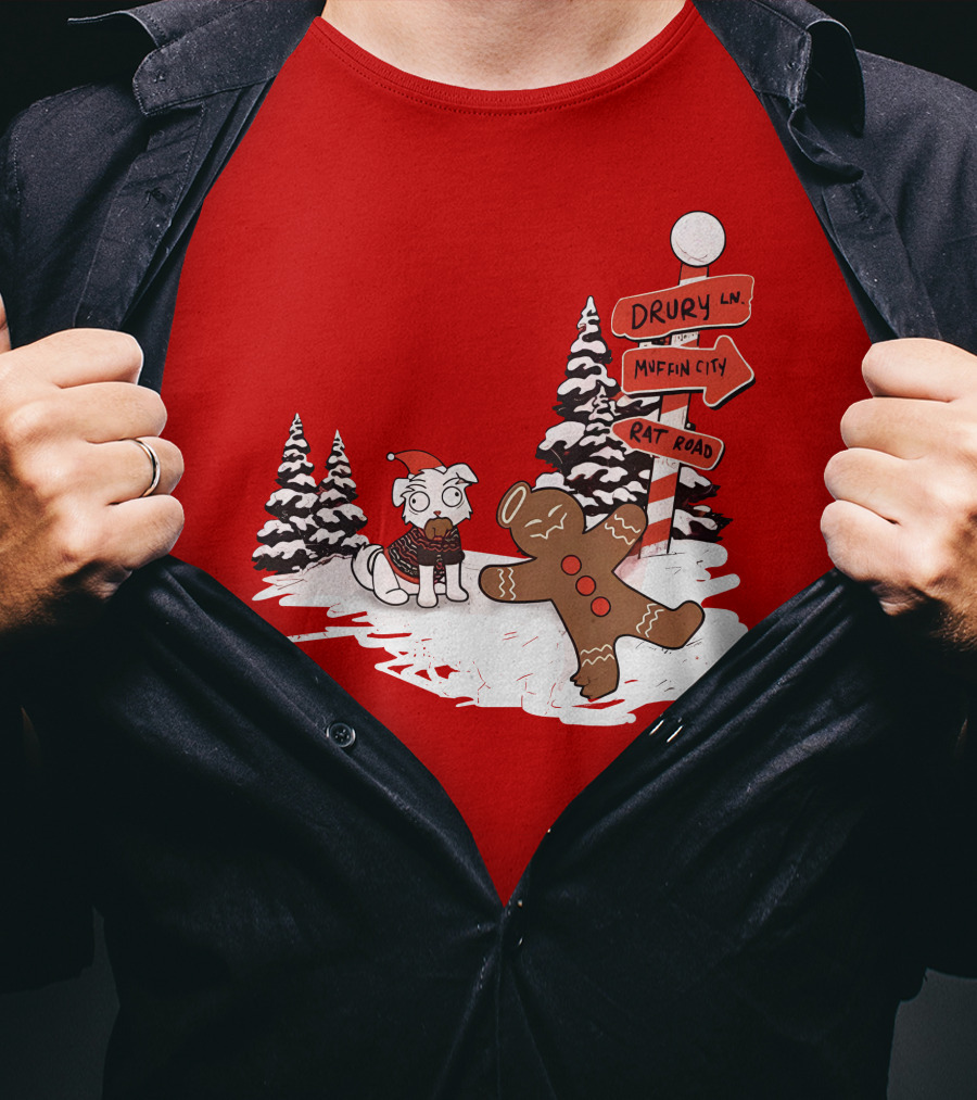Badboyhalo Holiday Drury Lane Muffin City Rat Road Christmas Dog And Gingerbread Scene T-Shirt