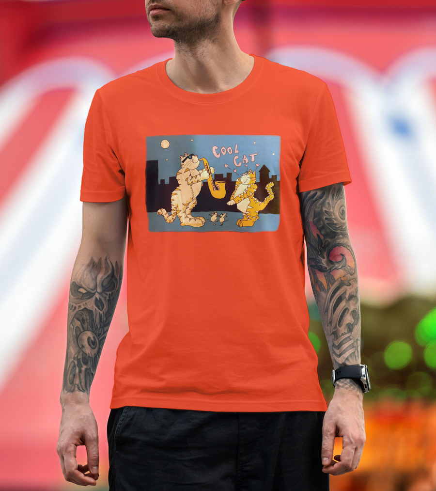 Harry Wearing Cool Cat Playing Saxophone in City Night Sky T-Shirt