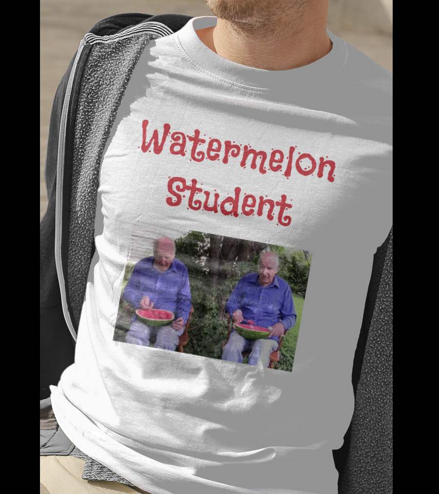 Watermelon Student Eating In Garden With Blue T-Shirt